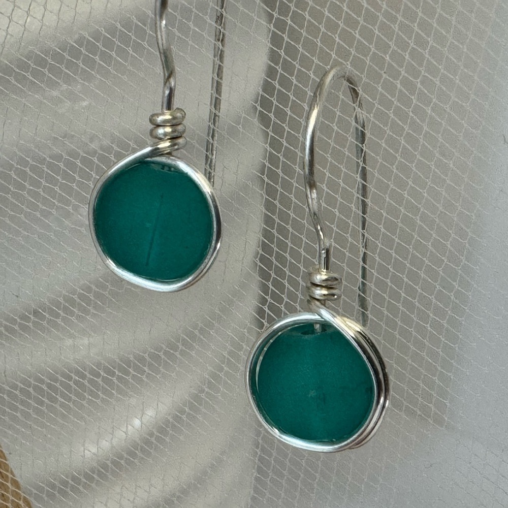 Sea Glass & Silver Wire Wrapped Earrings Caribbean Blue